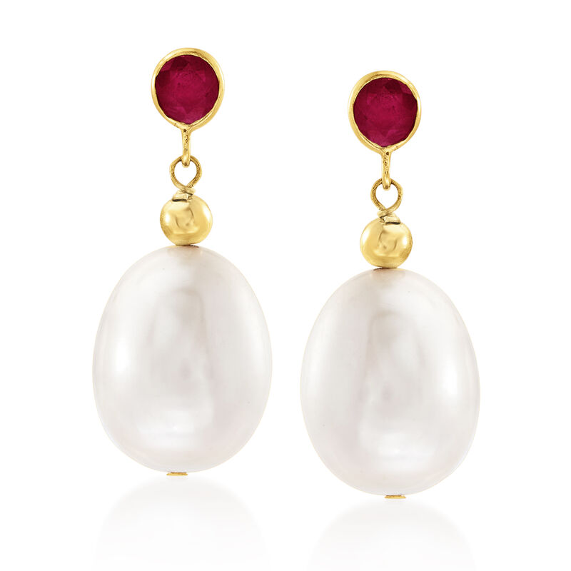 9.5-10.5mm Cultured Pearl and .60 ct. t.w. Ruby Drop Earrings in 14kt Yellow Gold  image number 0