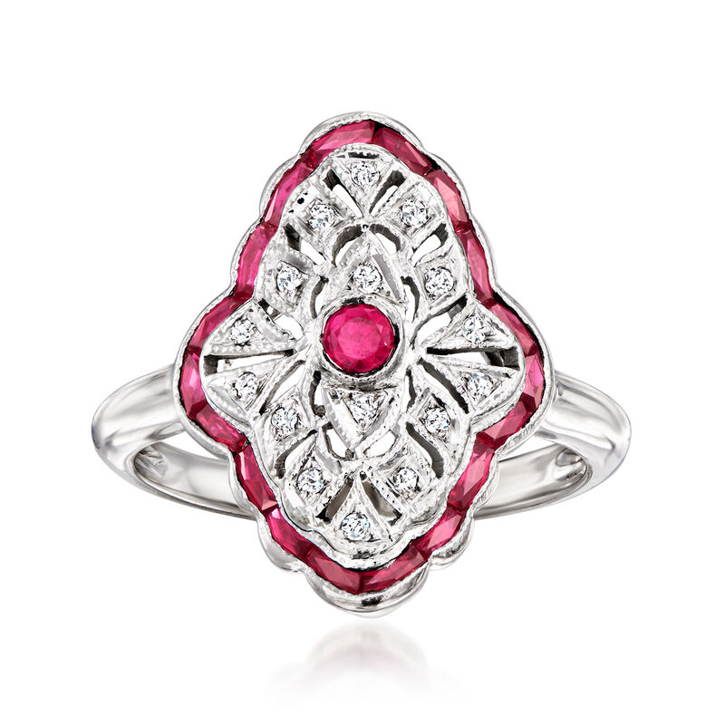 C. 1990 Vintage .68 ct. t.w. Synthetic Ruby Ring with Diamonds in 14kt White Gold. Size 5.5 image number 0