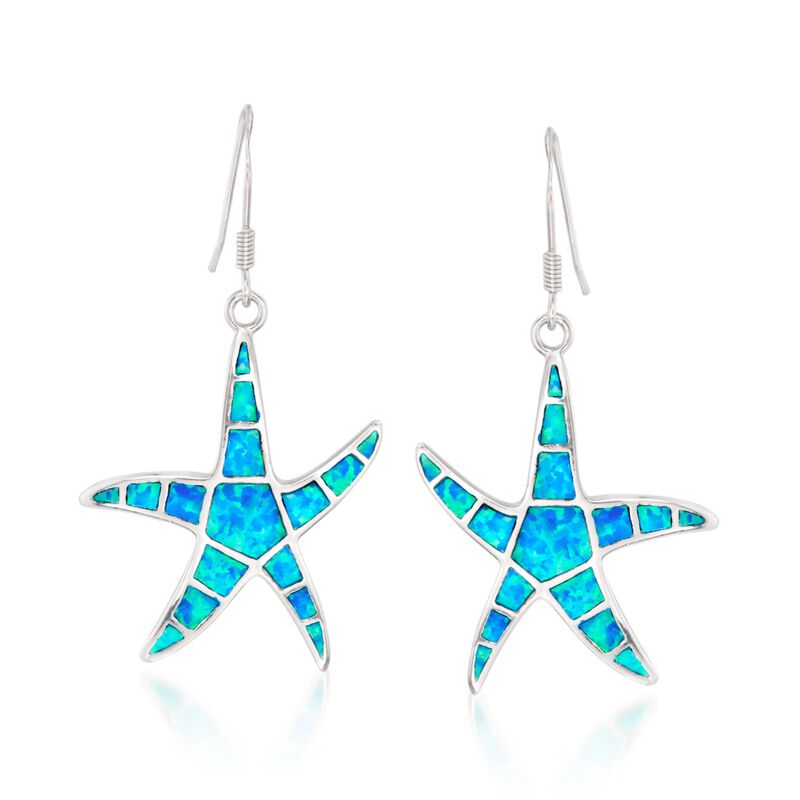Blue Synthetic Opal Starfish Drop Earrings in Sterling Silver image number 0