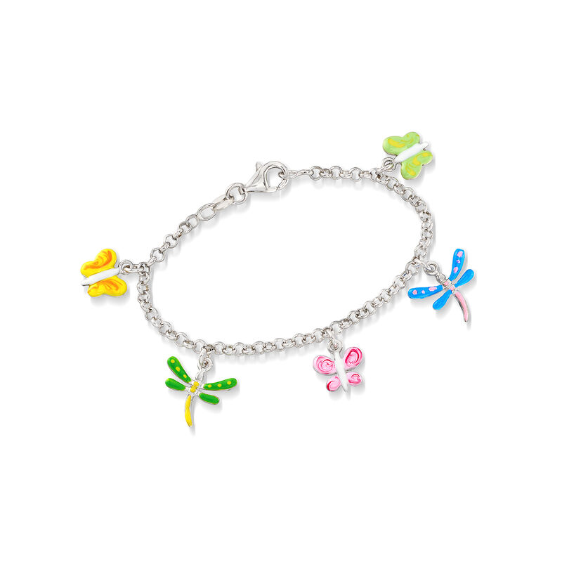 Child's Enamel Butterfly and Dragonfly Charm Bracelet in Sterling Silver. 6&quot; image number 0