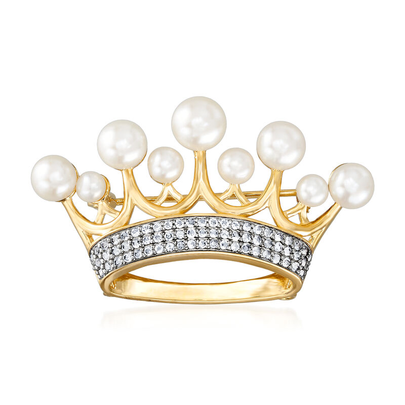 4-7.5mm Cultured Freshwater Pearl and .60 ct. t.w. White Topaz Crown Pin in 18kt Gold Over Sterling image number 0