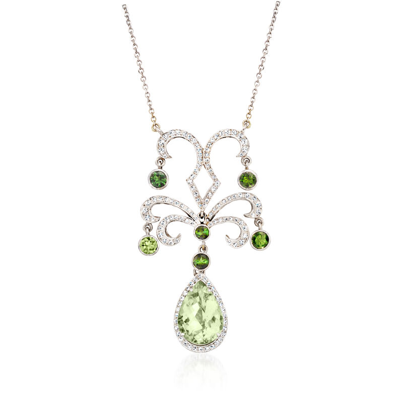 C. 1980 Vintage 11.00 Carat Prasiolite, 2.70 ct. t.w. Green Tourmaline and 1.60 ct. t.w. Diamond Drop Necklace in 14kt White Gold. 17&quot; image number 0