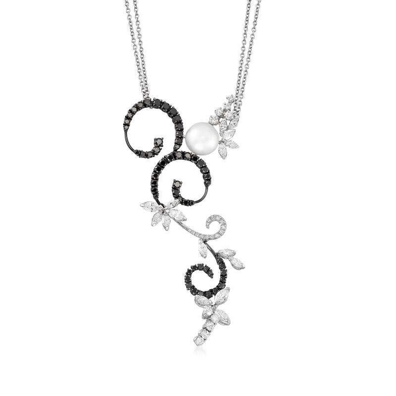 C. 1990 Vintage Stefan Hafner 10mm Cultured Pearl and 4.85 ct. t.w. Black and White Diamond Swirl Necklace in 18kt White Gold. 15&quot; image number 1