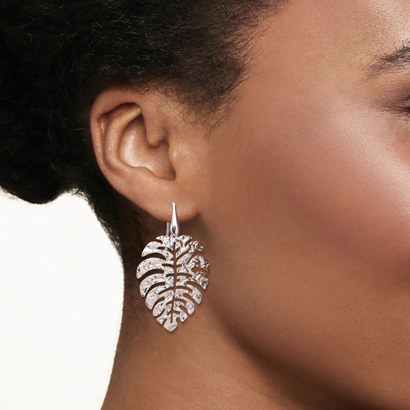 Italian Sterling Silver Hammered and Polished Palm Leaf Drop Earrings image number 1