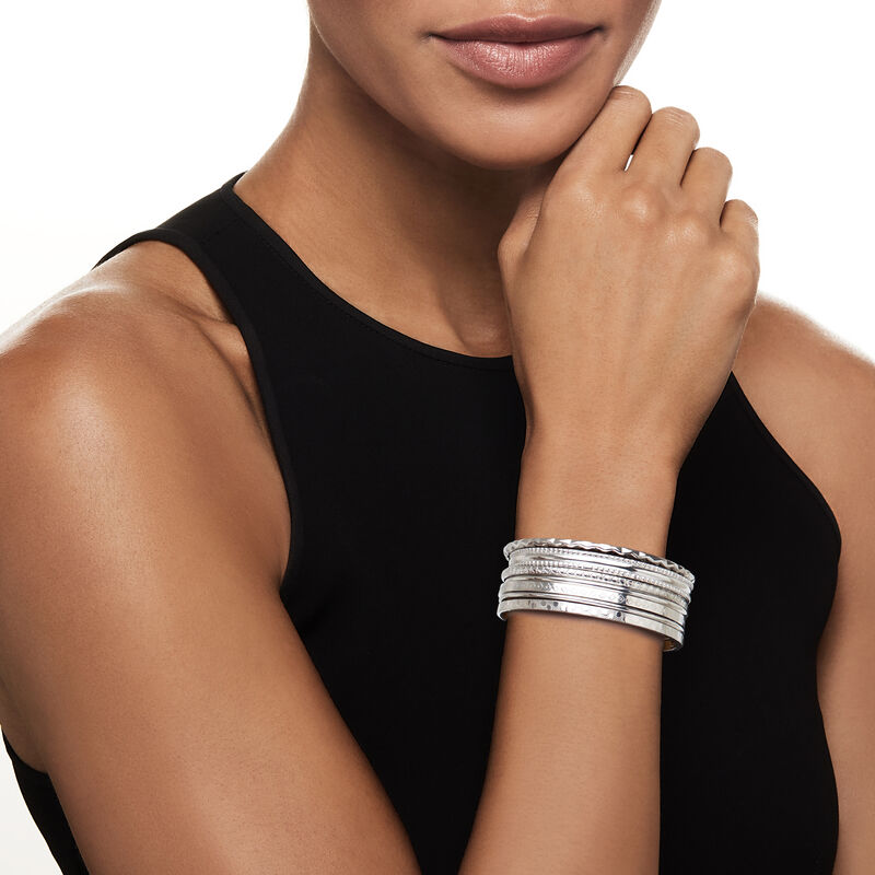 Italian Sterling Silver Jewelry Set: Seven Assorted Textured Bangle Bracelets image number 1