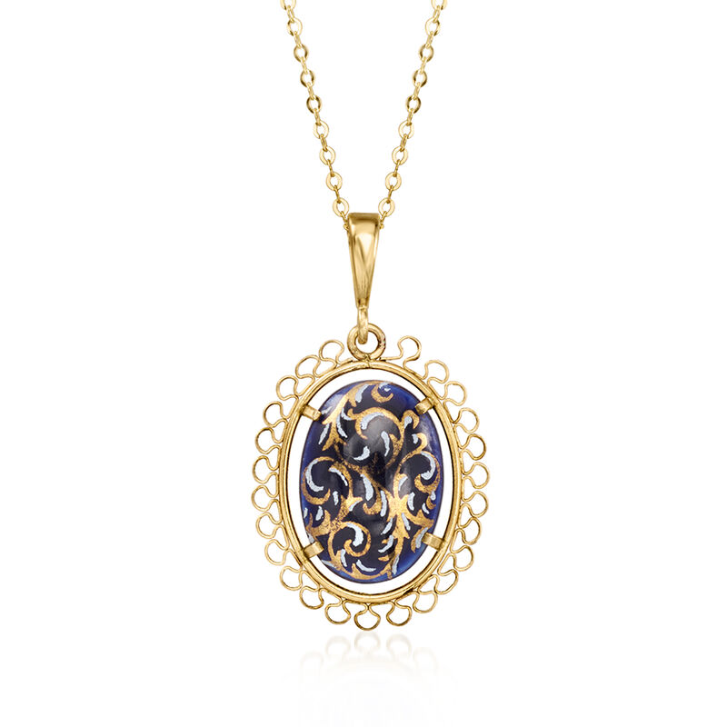 C. 1950 Vintage Limoges Blue Enamel Pendant Necklace in 10kt Yellow Gold. 18" image number 0