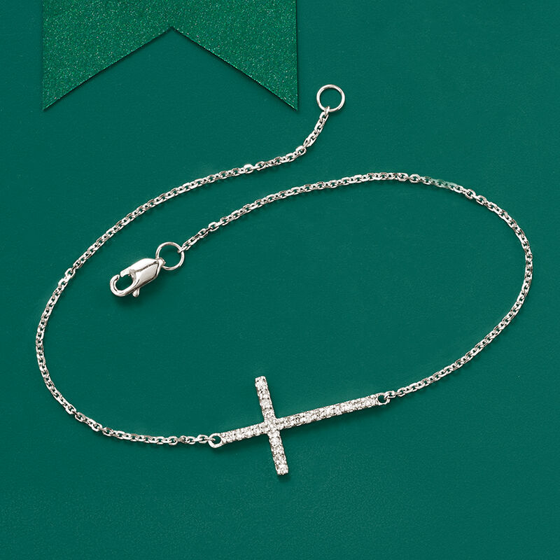 Diamond Sideways Cross Bracelet in 14kt White Gold. 8&quot; image number 2