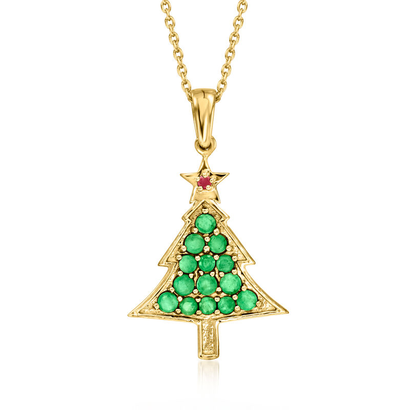 .60 ct. t.w. Emerald Christmas Tree Pendant Necklace with Single Ruby in 18kt Gold Over Sterling. 18&quot; image number 0