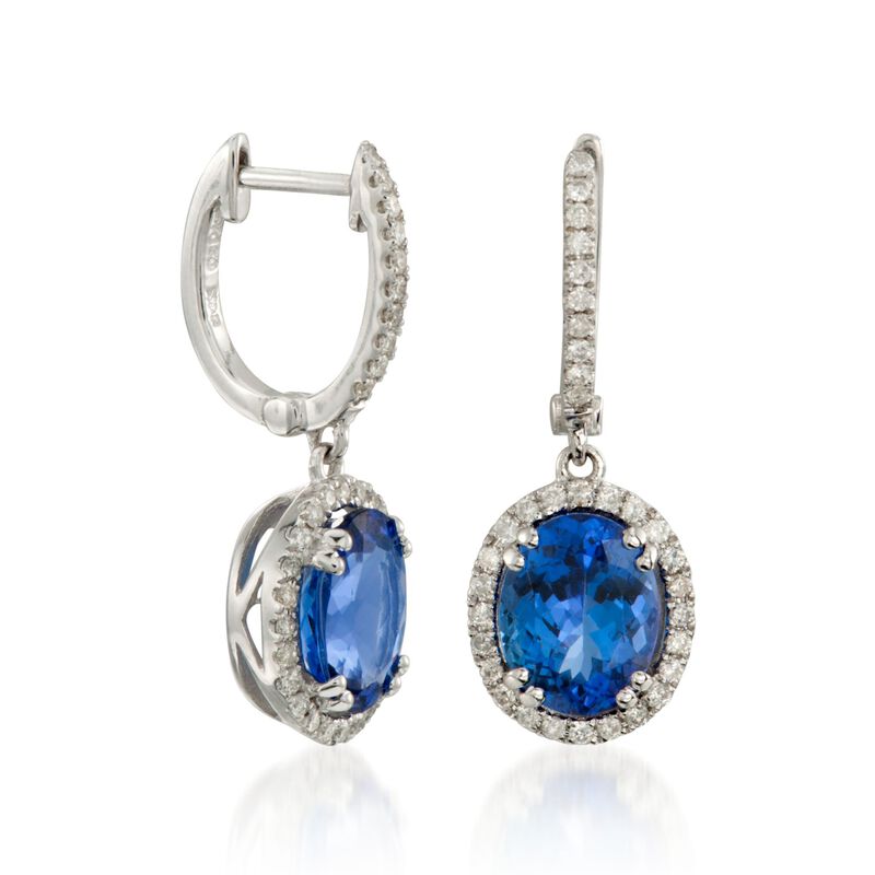4.65 ct. t.w. Tanzanite and .50 ct. t.w. Diamond Drop Hoop Earrings in 14kt White Gold image number 2