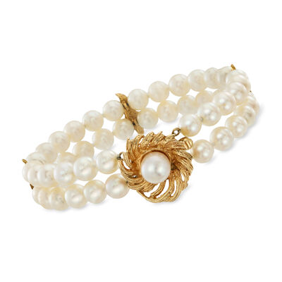 C. 1980 Vintage 6-7mm Cultured Pearl Two-Strand Leaf Bracelet in 14kt Yellow Gold