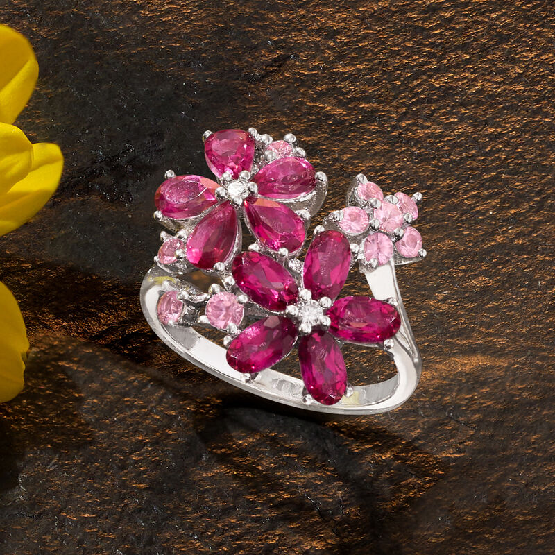 3.23 ct. t.w. Multi-Gemstone Flower Ring with Diamonds in Sterling Silver image number 3