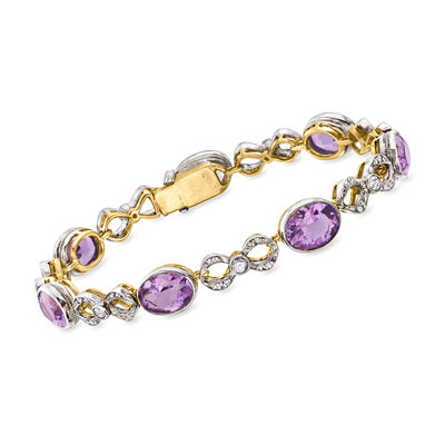 C. 1900 Vintage 16.00 ct. t.w. Amethyst and .75 ct. t.w. Diamond Link Bracelet in Sterling Silver and 14kt Yellow Gold