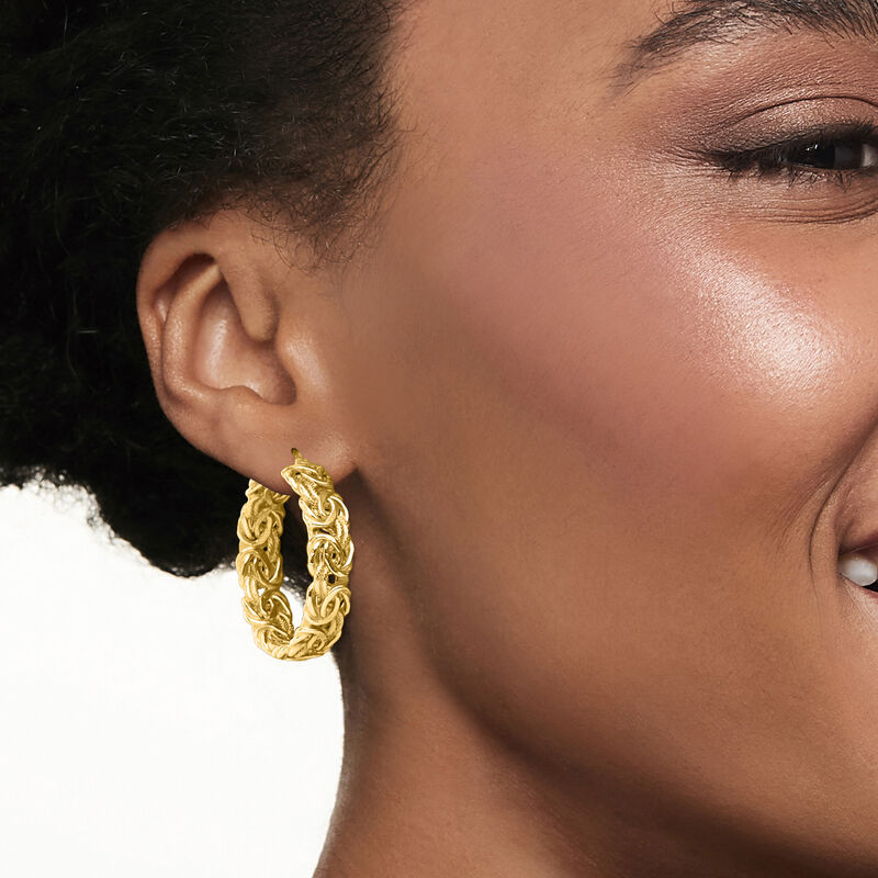 14kt Yellow Gold Byzantine Hoop Earrings. 1 1/4&quot; image number 1