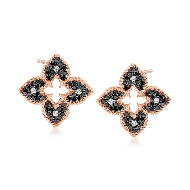 Roberto Coin &quot;Venetian Princess&quot; .71 ct. t.w. Black and White Diamond Flower Earrings in 18kt Rose Gold image number 0