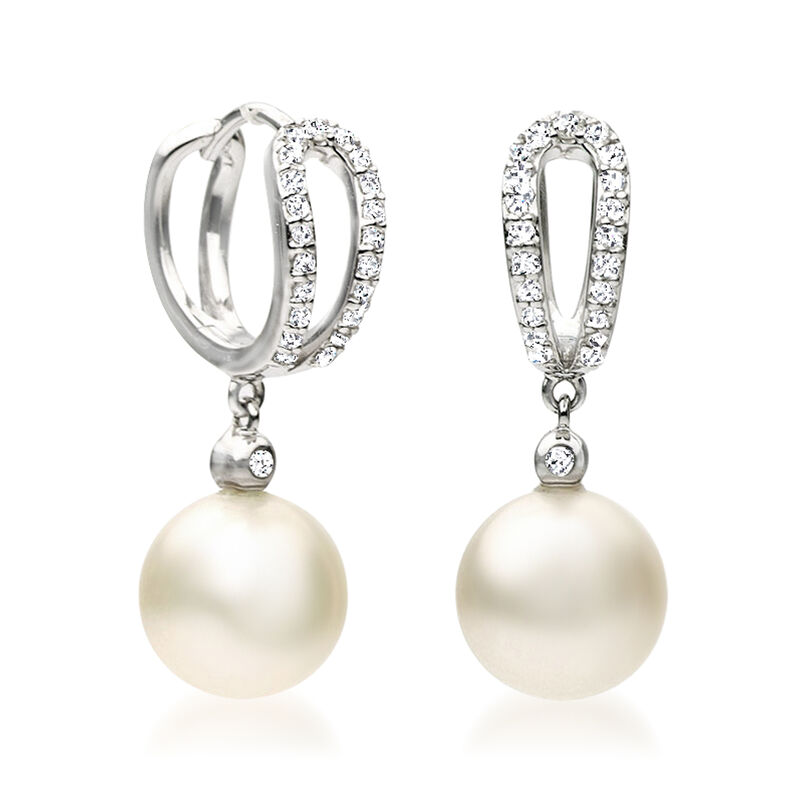 9-10mm Cultured South Sea Pearl Drop Earrings with .26 ct. t.w. Diamonds in 14kt White Gold image number 1