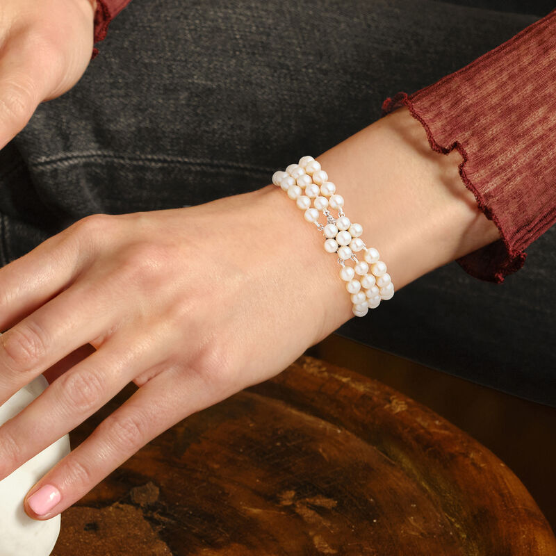 C. 1980 Vintage 5-5.5mm Cultured Pearl Three-Row Bracelet in 14kt White Gold. 6.25&quot; image number 1