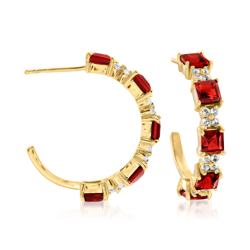 5.25 ct. t.w. Garnet and .50 ct. t.w. White Topaz C-Hoop Earrings in 18kt Gold Over Sterling image number 0