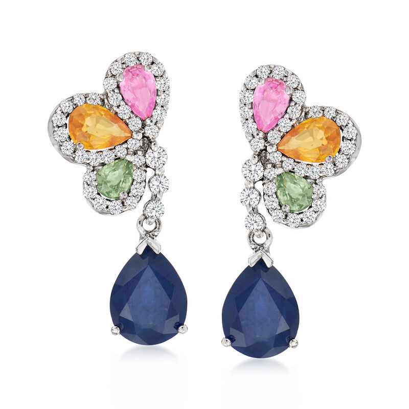 5.50 ct. t.w. Multicolored Sapphire and .62 ct. t.w. Diamond Drop Earrings in 14kt White Gold image number 0