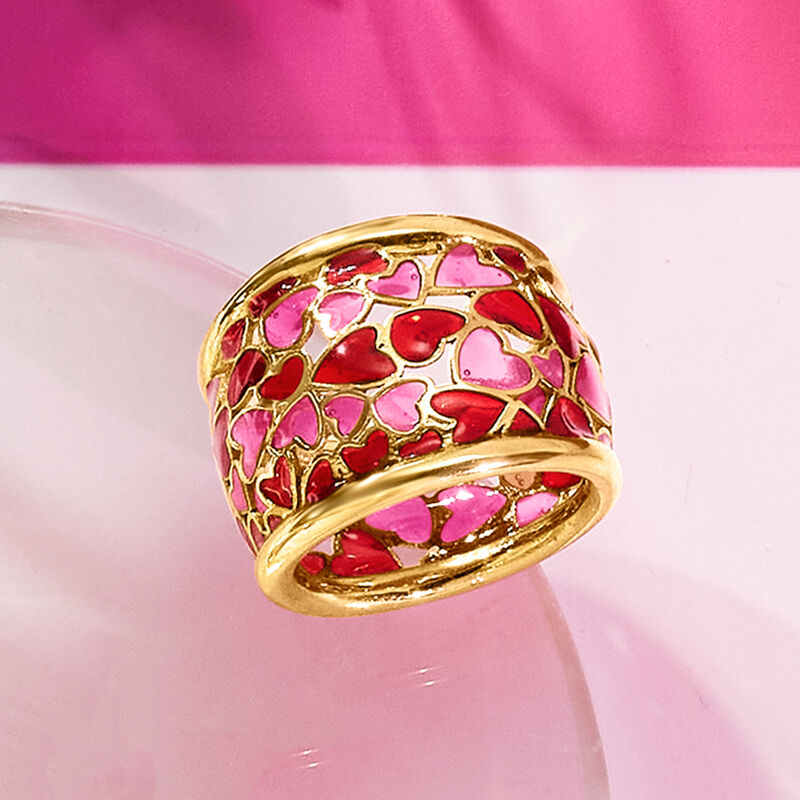 Italian Red and Pink Enamel Heart Ring in 18kt Gold Over Sterling image number 3