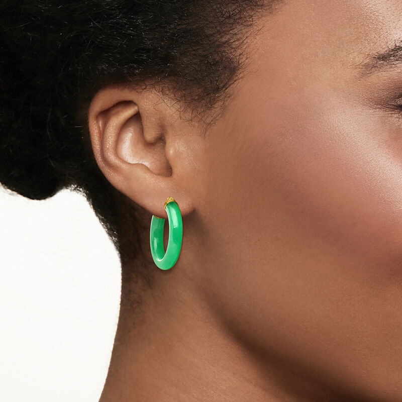 Jade Hoop Earrings with 14kt Yellow Gold. 1&quot; image number 1