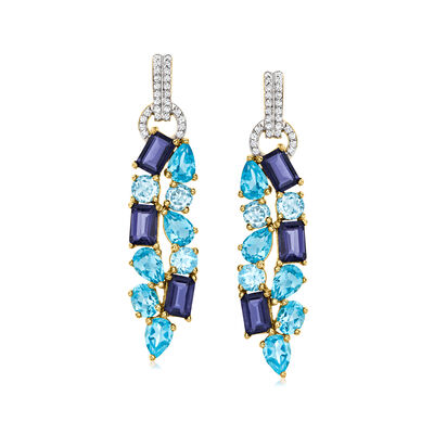 6.30 ct. t.w. Swiss Blue Topaz and 3.00 ct. t.w. Iolite Drop Earrings with .40 ct. t.w. White Zircon in 18kt Gold Over Sterling