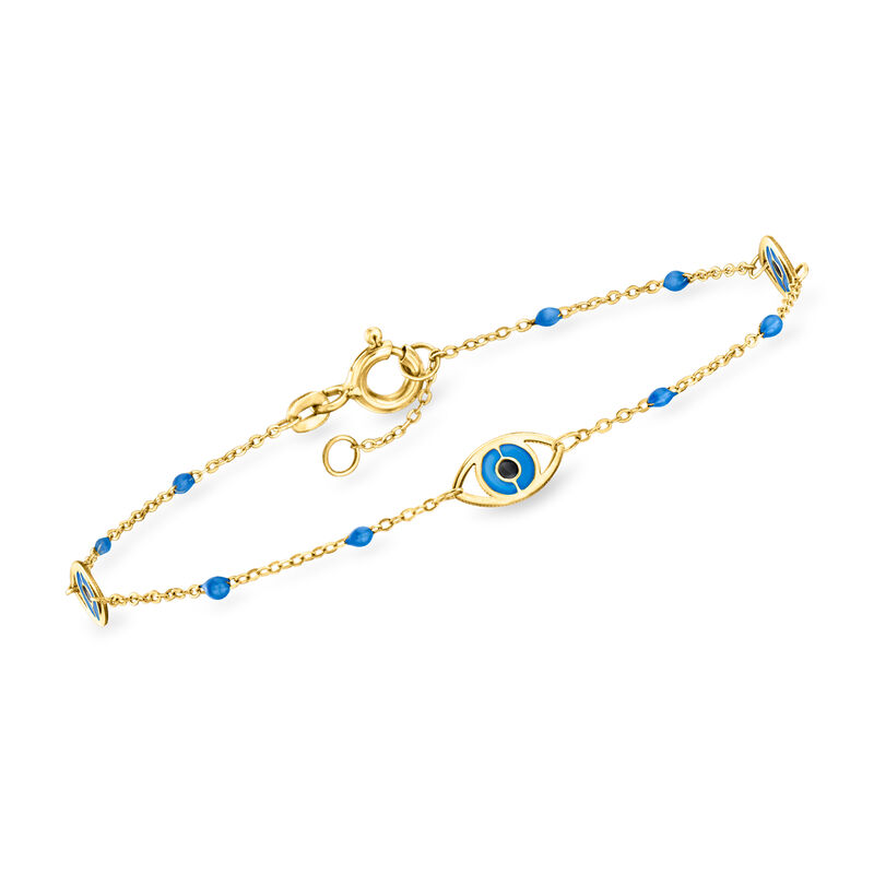 Italian Blue and Black Enamel Evil Eye Station Bracelet in 14kt Yellow Gold image number 0