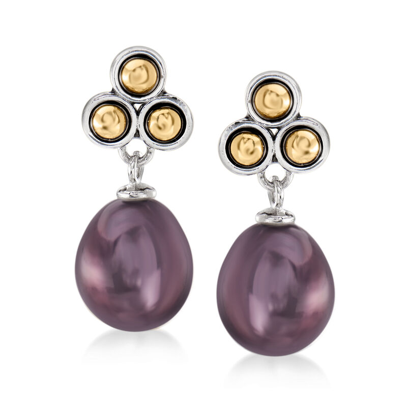 9-9.5mm Black Cultured Pearl Drop Earrings in Sterling Silver with 14kt Yellow Gold image number 0