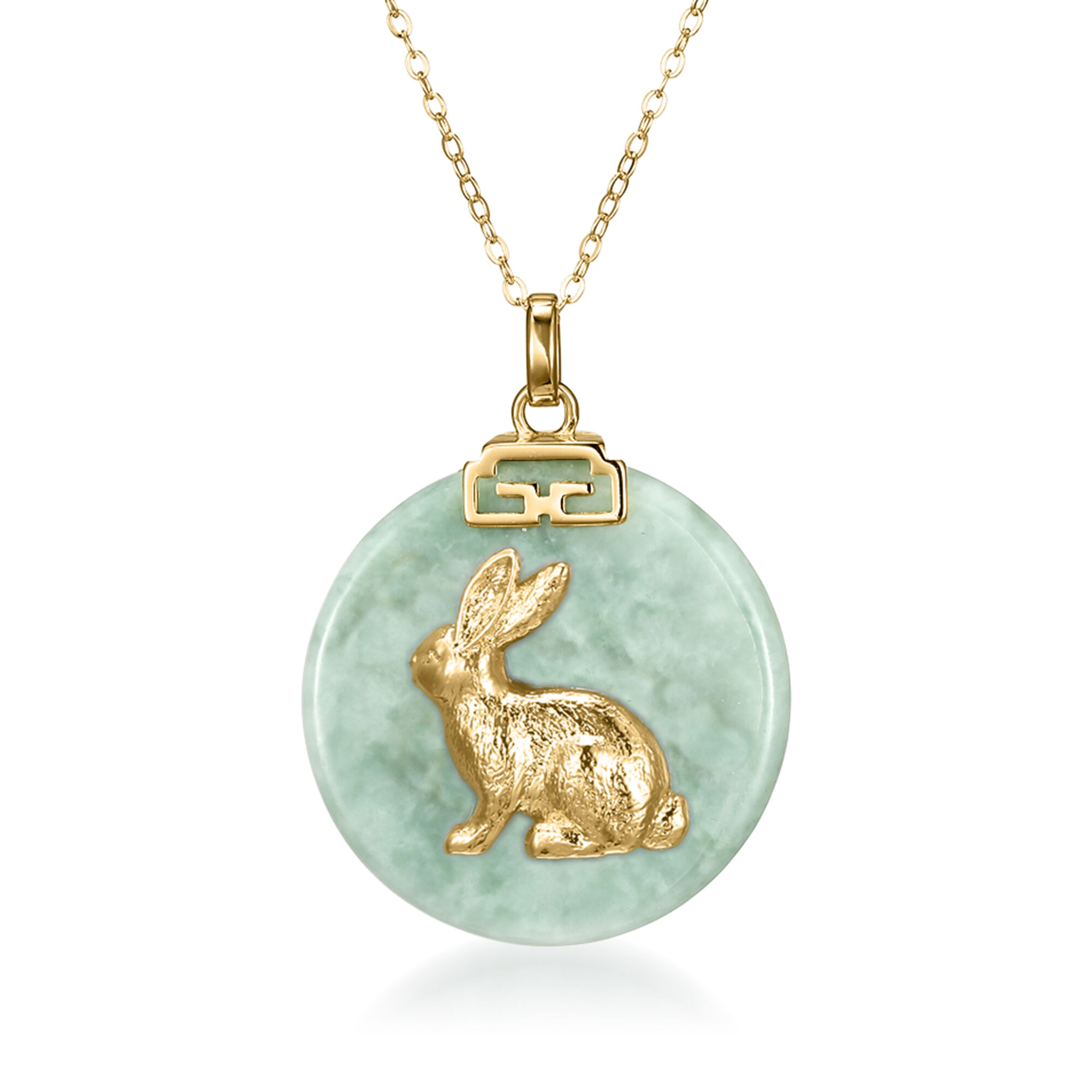 Rabbit - Jade Chinese Zodiac Pendant Necklace in 18kt Gold Over