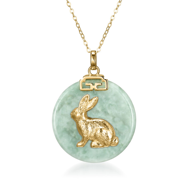 Rabbit - Jade Chinese Zodiac Pendant Necklace in 18kt Gold Over Sterling. 18&quot; image number 0