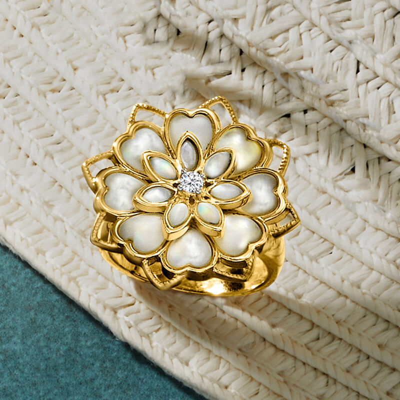 Mother-of-Pearl Flower Ring with Single White Topaz in 18kt Gold Over Sterling image number 3