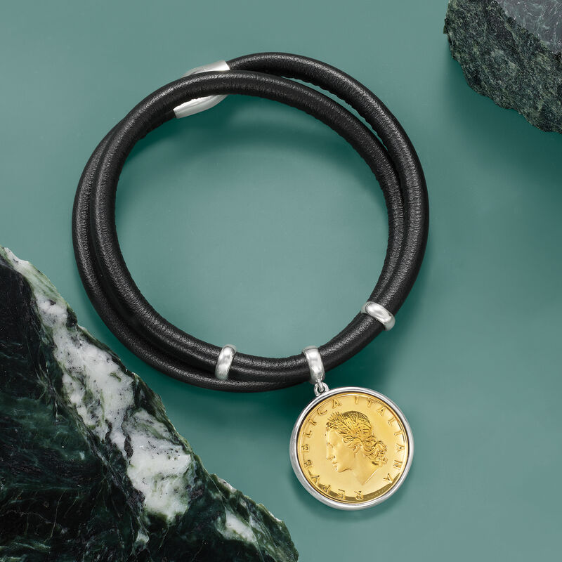Italian Genuine 20-Lira Coin Charm and Black Leather Bracelet with Sterling Silver image number 6
