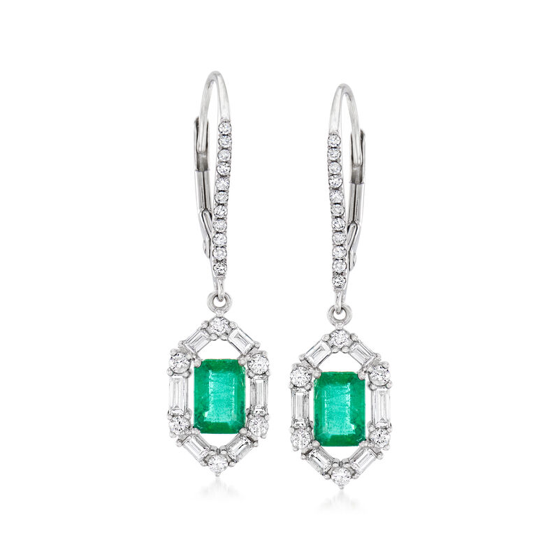 1.00 ct. t.w. Emerald and .30 ct. t.w. Diamond Drop Earrings in 18kt White Gold image number 0
