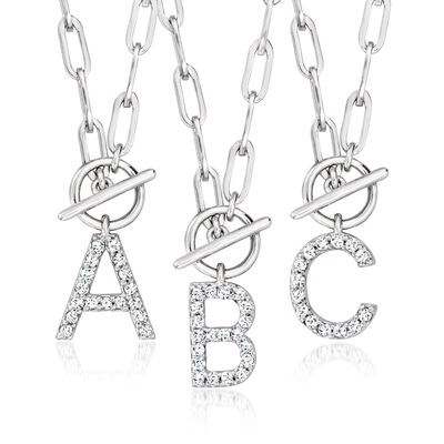 Diamond Initial Paper Clip Link Toggle Necklace in Sterling Silver