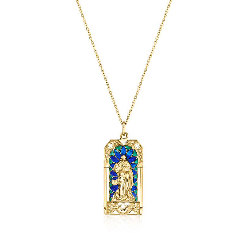 C. 1970 Vintage Multicolored Enamel Religious Pendant Necklace in 14kt Yellow Gold. 18&quot; image number 0