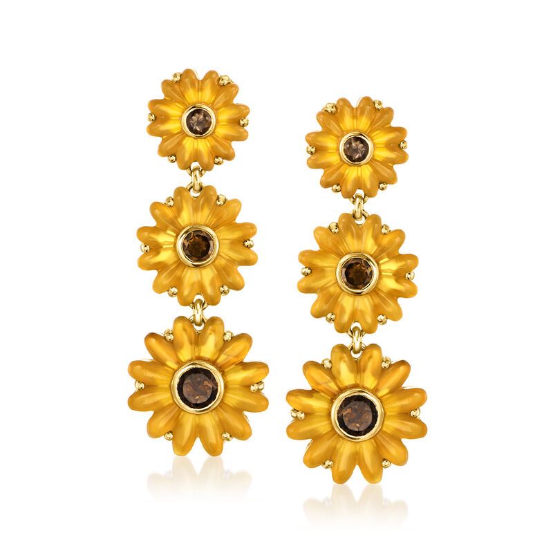 Yellow Chalcedony and 1.50 ct. t.w. Smoky Quartz Sunflower Drop Earrings in 18kt Gold Over Sterling image number 0