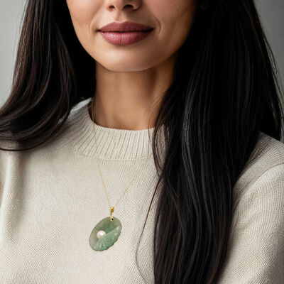 8mm Cultured Pearl and Jade Seashell Pendant with 14kt Yellow Gold