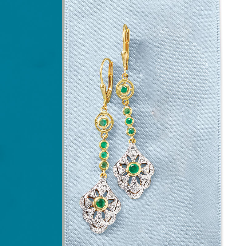 .60 ct. t.w. Emerald and .40 ct. t.w. White Topaz Drop Earrings in 18kt Gold Over Sterling image number 2
