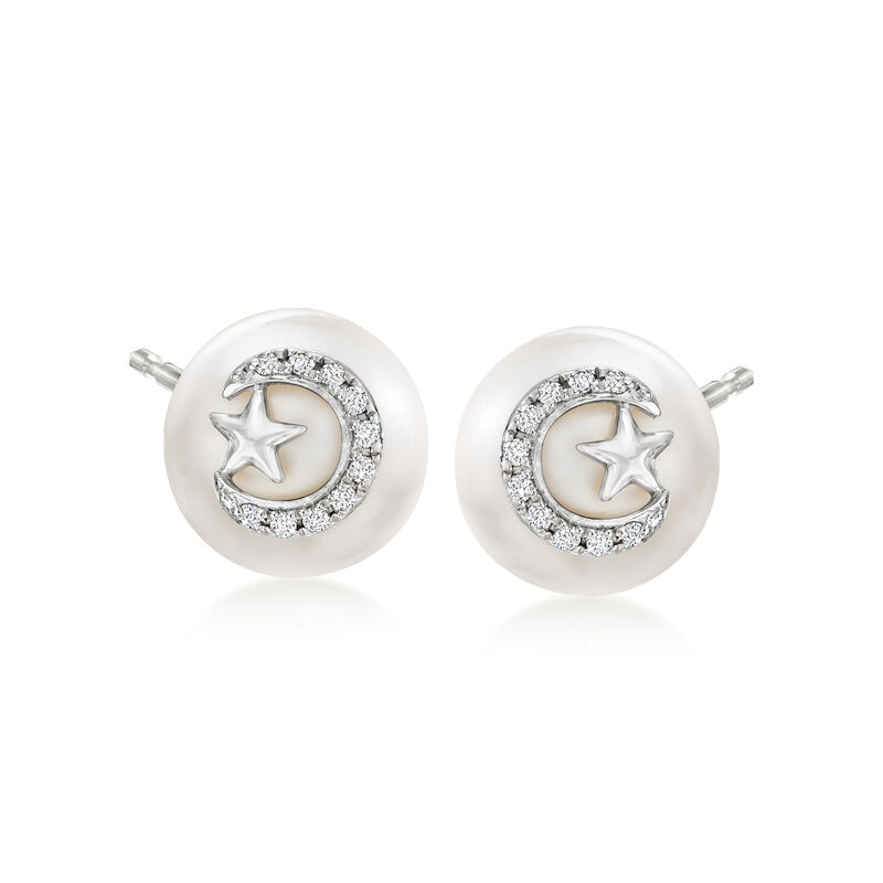 8.5-9mm Cultured Pearl Star and Moon Stud Earrings with Diamonds in Sterling Silver  image number 0