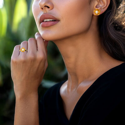 4-4.5mm Cultured Pearl Floral Jewelry Set: Earrings and Ring in 18kt Gold Over Sterling