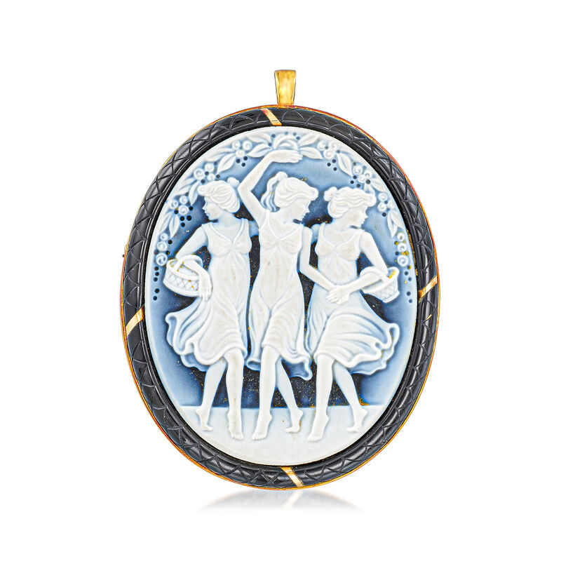 C. 1950 Vintage Blue Agate and Onyx the Three Graces Cameo Pin/Pendant in 18kt Yellow Gold image number 0