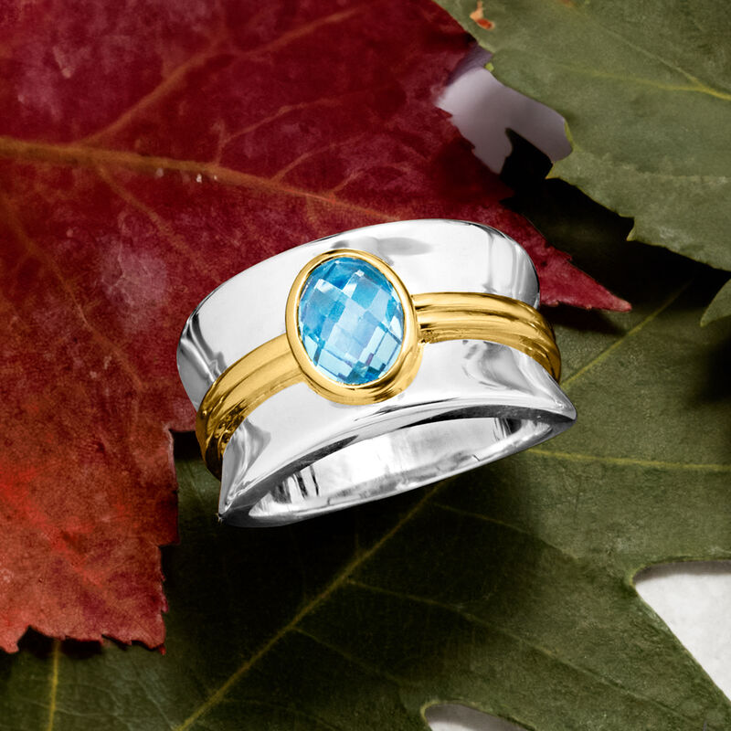 1.20 Carat Swiss Blue Topaz Ring in Sterling Silver and 18kt Gold Over Sterling image number 3