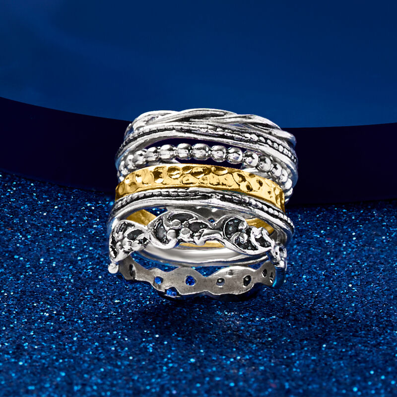 Sterling Silver and 18kt Gold Over Sterling Jewelry Set: Six Textured Rings image number 6