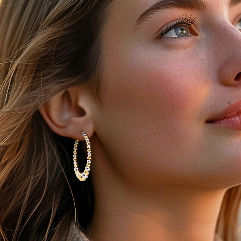 Italian 3-6mm Sterling Silver and 18kt Gold Over Sterling Graduated Bead Hoop Earrings. 1 3/8&quot; image number 1