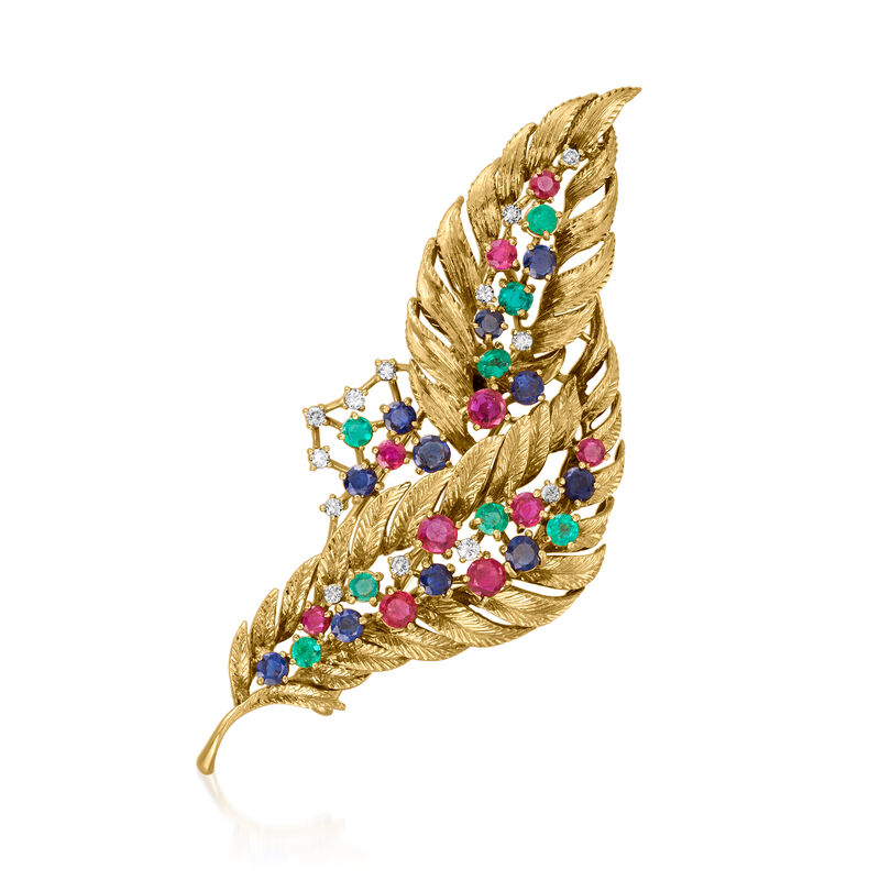 C. 1980 Vintage 3.40 ct. t.w. Multi-Gemstone and .30 ct. t.w. Diamond Feather Pin in 18kt Yellow Gold image number 0