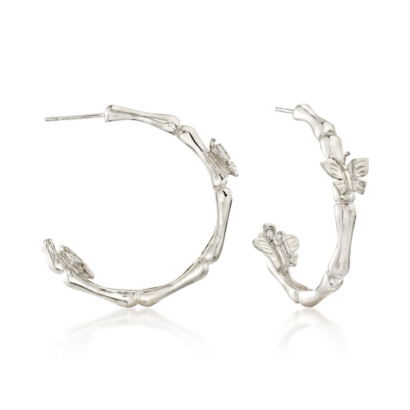 Sterling Silver Butterfly Bamboo-Style Hoop Earrings. 1 3/8&quot; image number 0