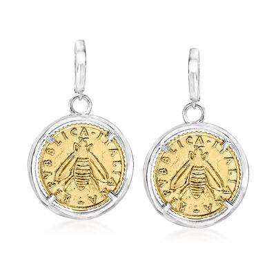 Italian Replica Lira Bumblebee Coin Drop Earrings in Sterling Silver and 18kt Gold Over Sterling