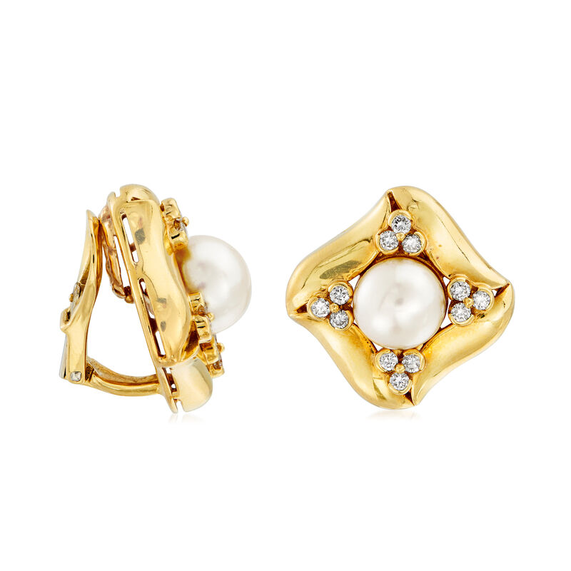 C. 1980 Vintage Cultured Pearl and 1.00 ct. t.w. Diamond Clip-On Earrings in 18kt Yellow Gold image number 2