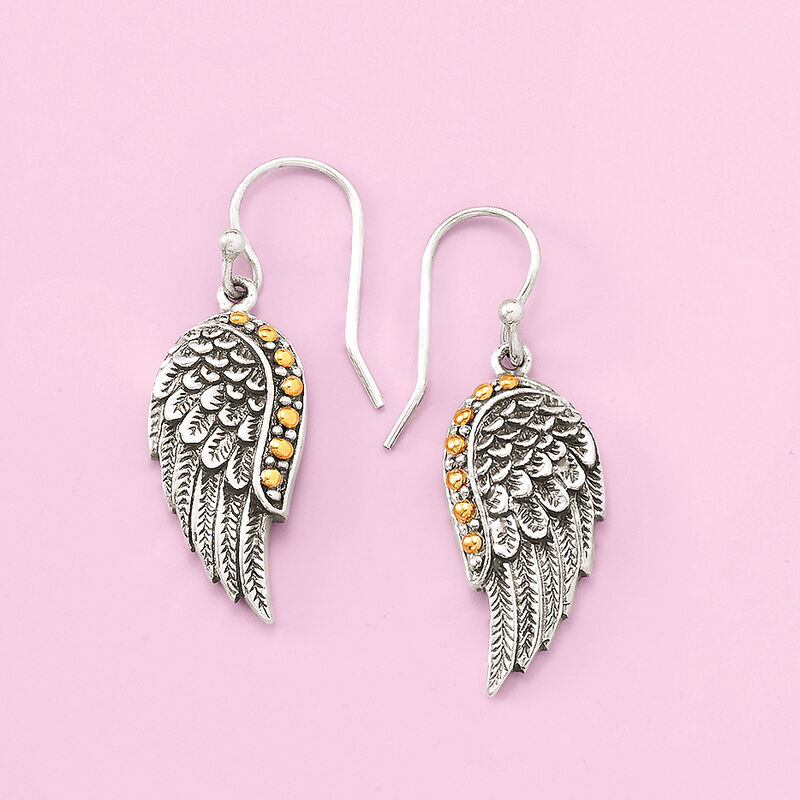 Two-Tone Sterling Silver Feathered Wing Drop Earrings image number 2