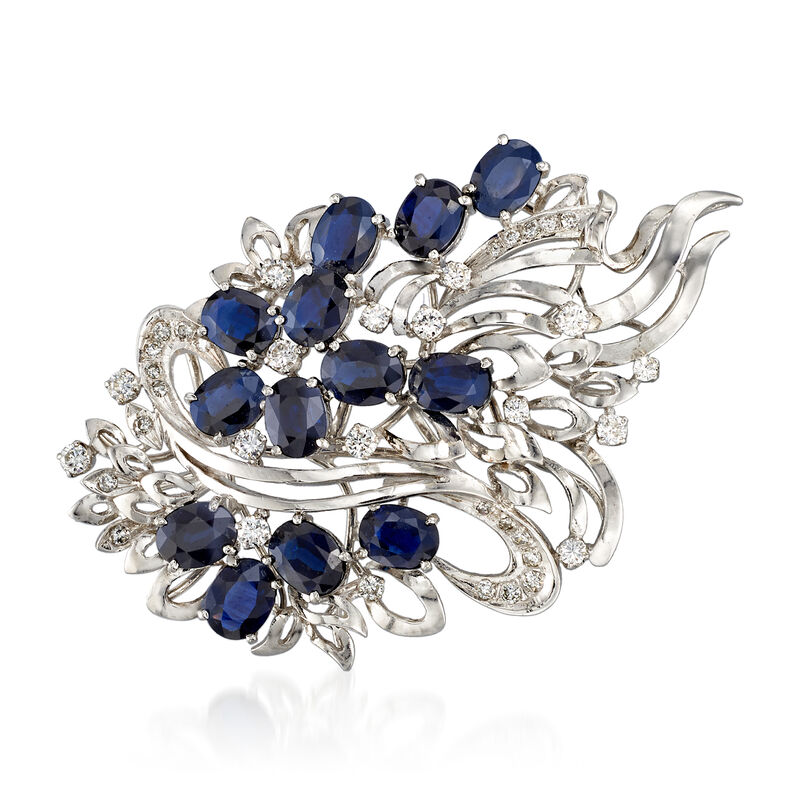 C. 1980 Vintage 10.40 ct. t.w. Sapphire and 1.00 ct. t.w. Diamond Flower Pin/Pendant in 14kt White Gold image number 0