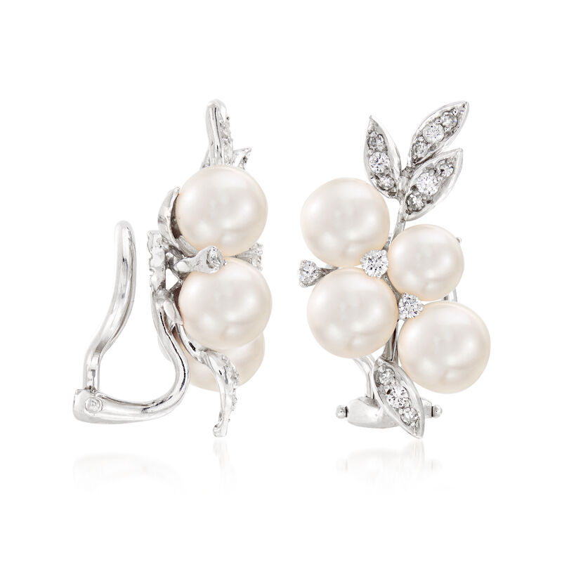 C. 1980 Vintage 6mm Cultured Pearl and .50 ct. t.w. Diamond Cluster Clip-On Earrings in 14kt White Gold image number 2